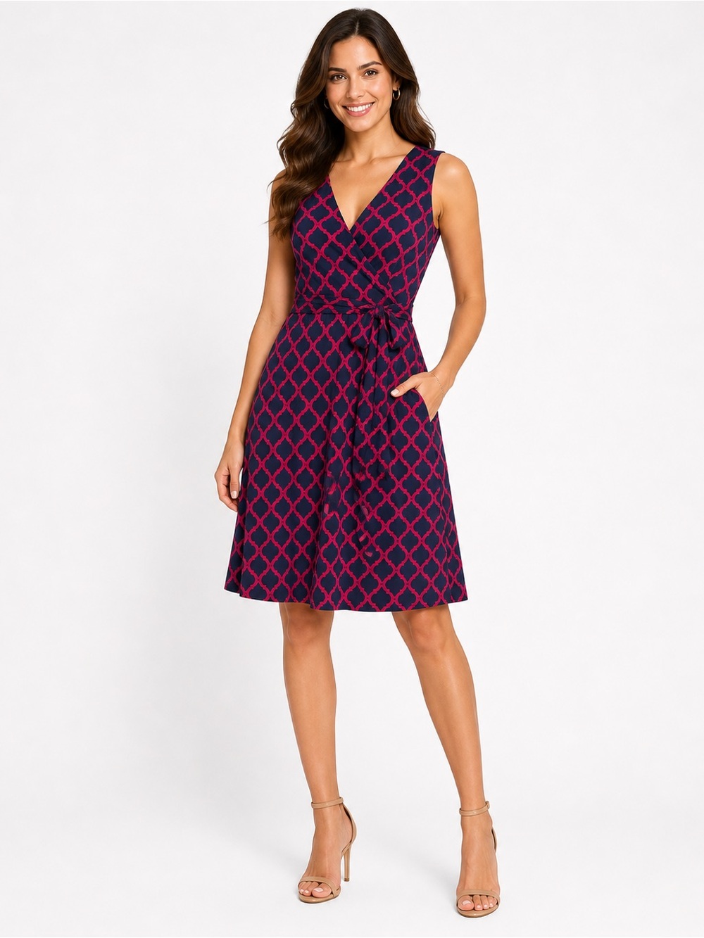 41 Hawthorn Navy Midi Dress with Pink Lattice Print